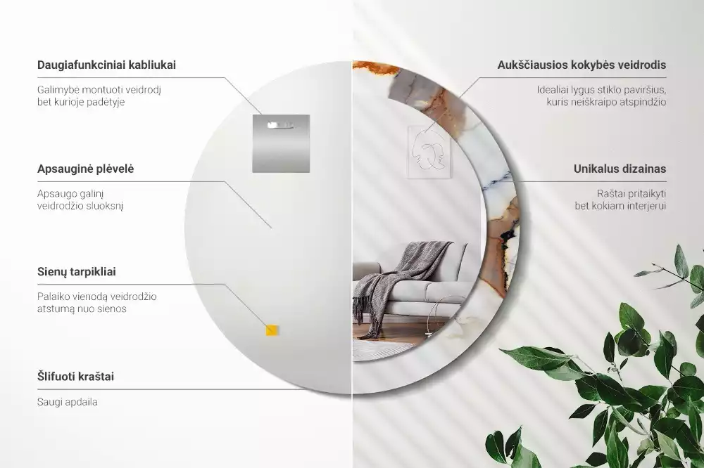 Lustro z okrągłą ramą z nadrukiem w kolorze białego marmuru