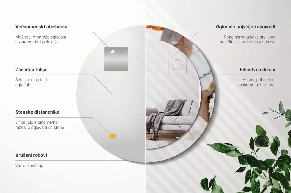 Lustro z okrągłą ramą z nadrukiem w kolorze białego marmuru