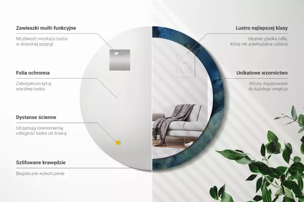 Lustro ścienne dekoracyjne o kształcie okrągłym z motywem marmuru onyx