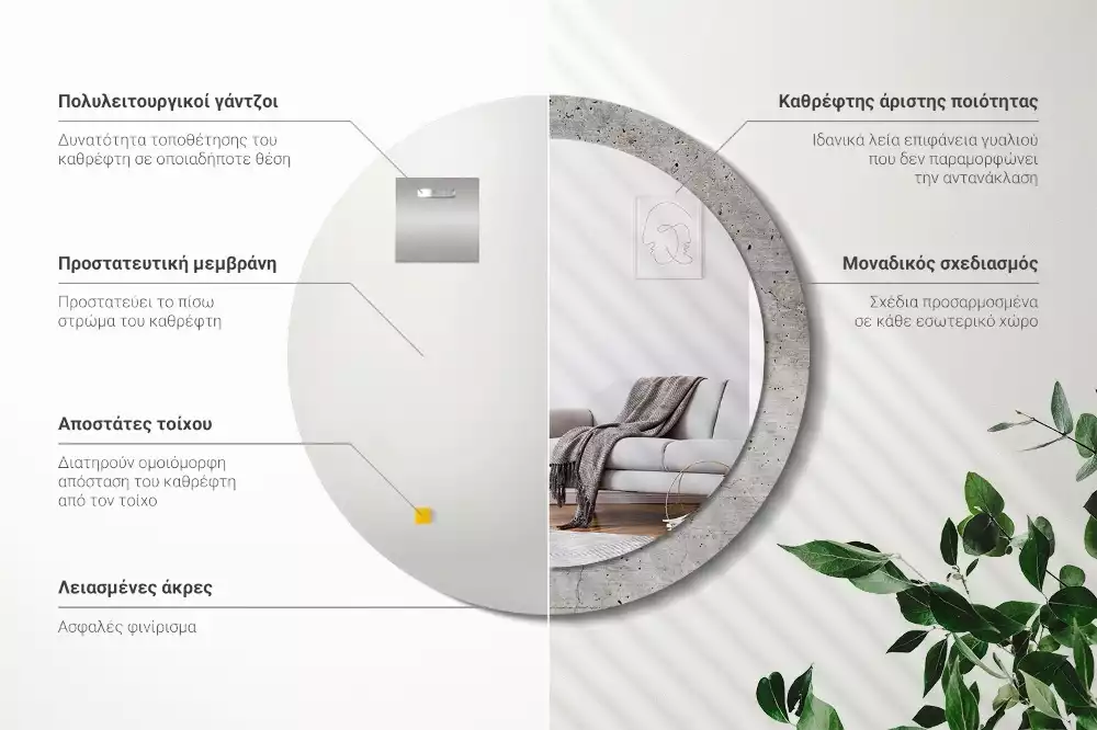 Lustro z okrągłą ramką z nadrukiem w kolorze szarego betonu