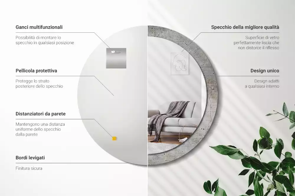 Lustro z okrągłą ramką z nadrukiem w kolorze szarego betonu