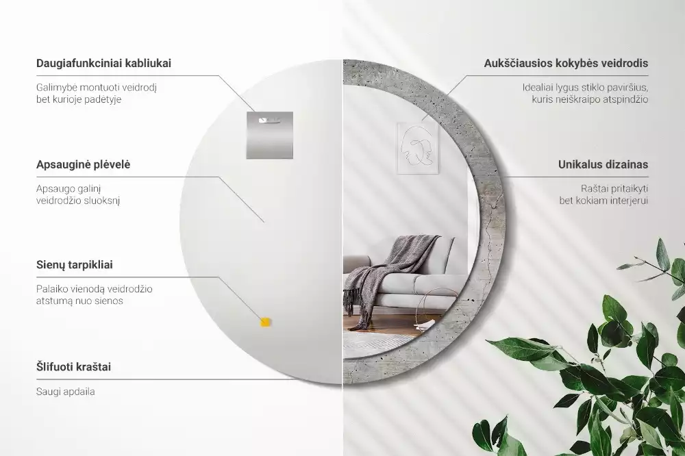 Lustro z okrągłą ramką z nadrukiem w kolorze szarego betonu