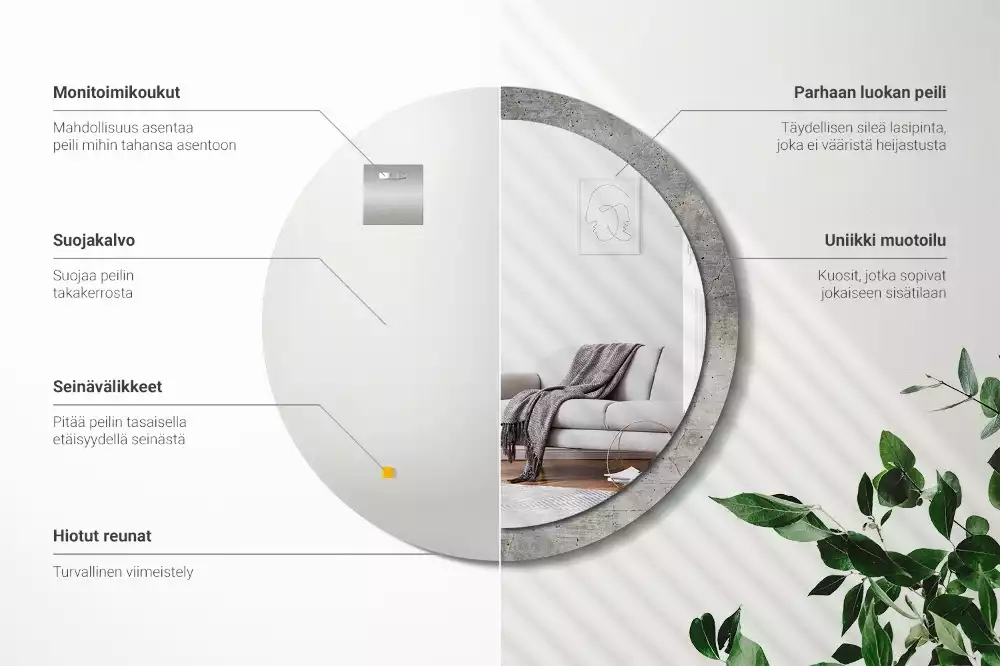 Lustro z okrągłą ramką z nadrukiem w kolorze szarego betonu