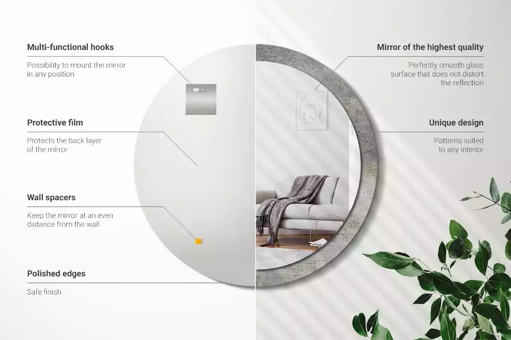 Lustro z okrągłą ramką z nadrukiem w kolorze szarego betonu