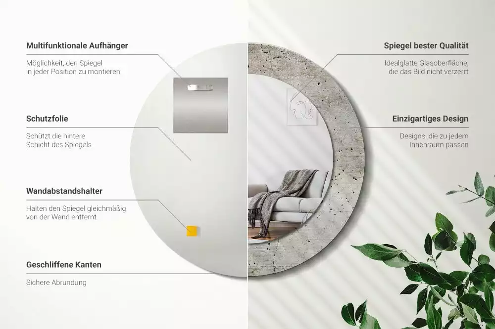 Lustro z okrągłą ramką z nadrukiem w kolorze szarego betonu