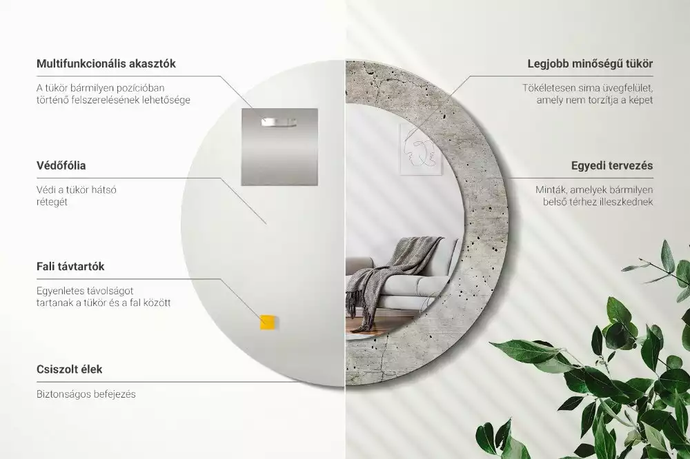 Lustro z okrągłą ramką z nadrukiem w kolorze szarego betonu