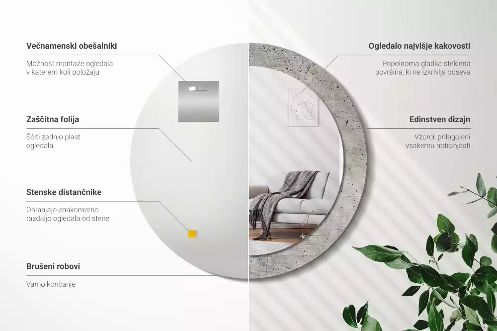 Lustro z okrągłą ramką z nadrukiem w kolorze szarego betonu