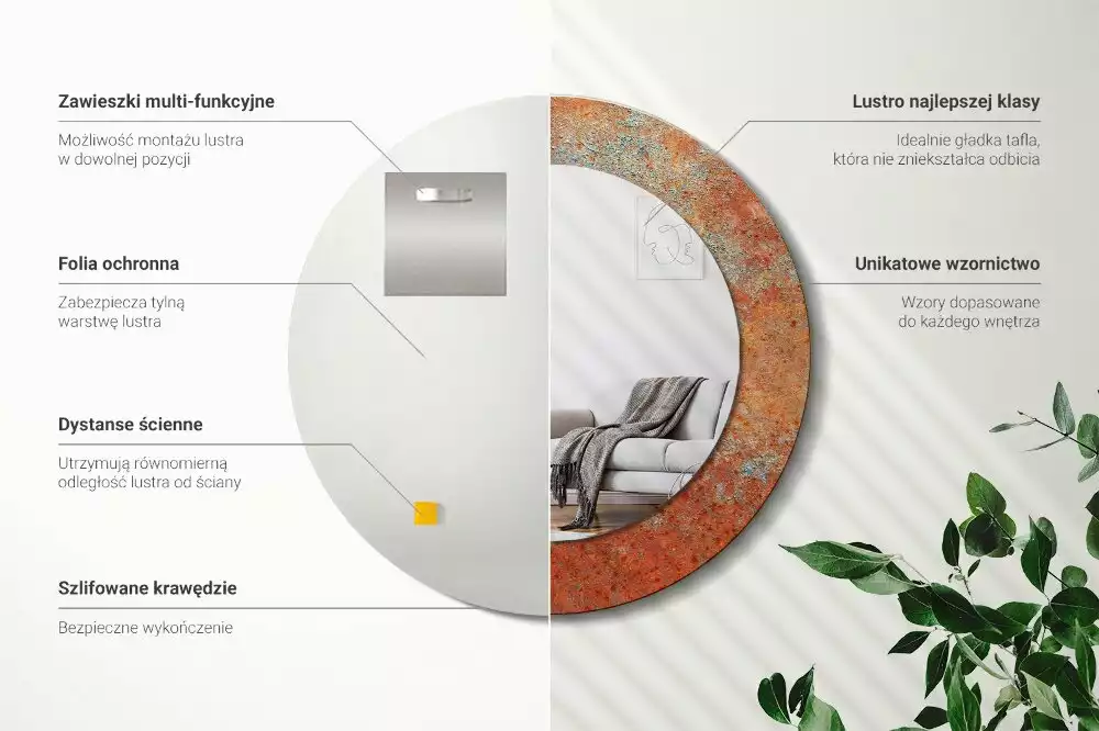 Lustro ścienne dekoracyjne w rdzawym metalicznym wykończeniu