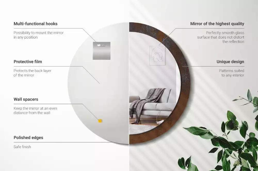 Lustro z drukowaną ramką w metalicznym, rustykalnym stylu