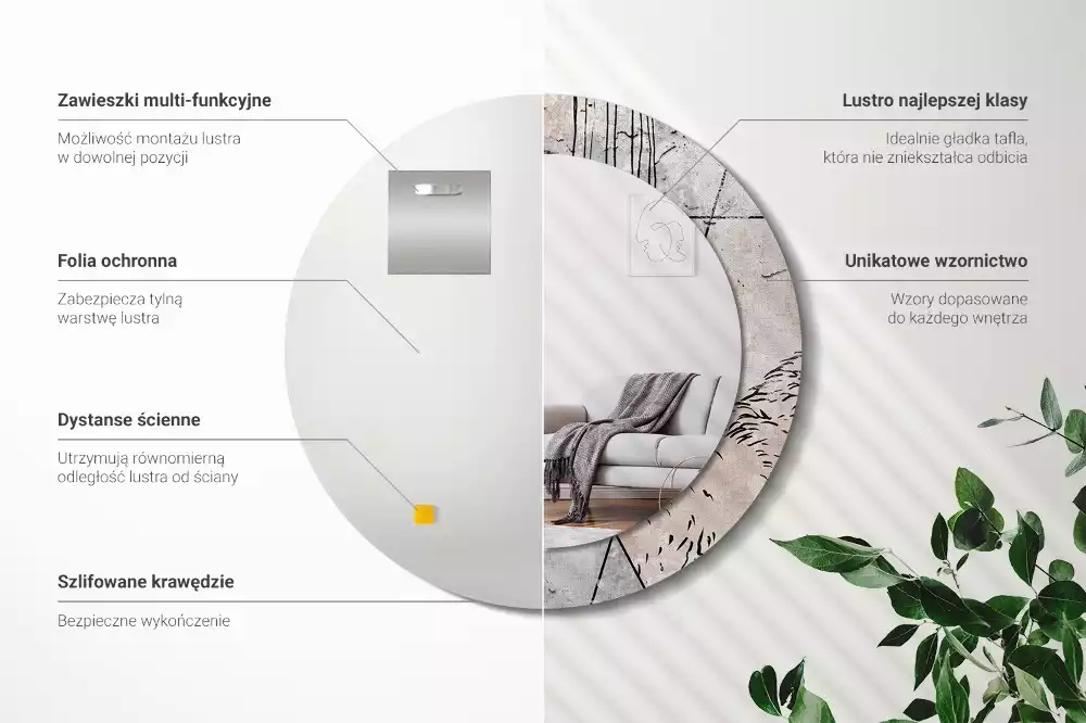 Lustro ścienne dekoracyjne o okrągłym kształcie z motywem abstrakcyjnych zwierząt