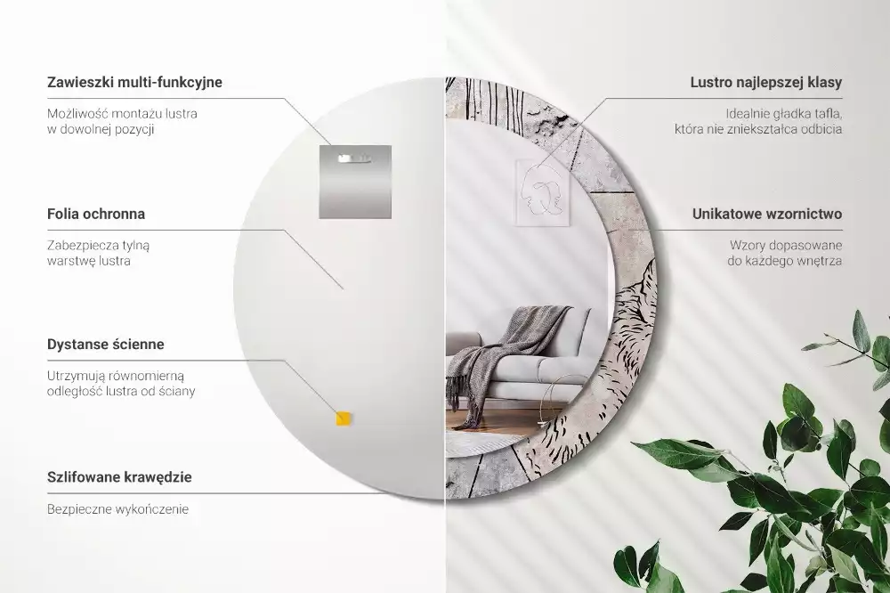 Lustro ścienne dekoracyjne o okrągłym kształcie z motywem abstrakcyjnych zwierząt