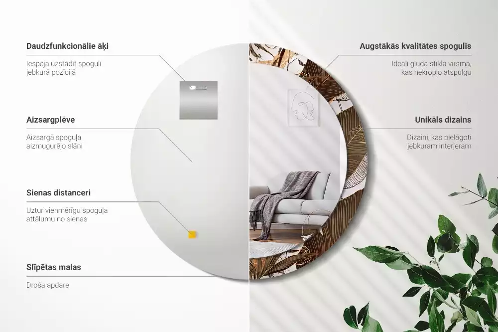 Lustro ścienne dekoracyjne w kształcie okrągłym z motywem liści palmowych