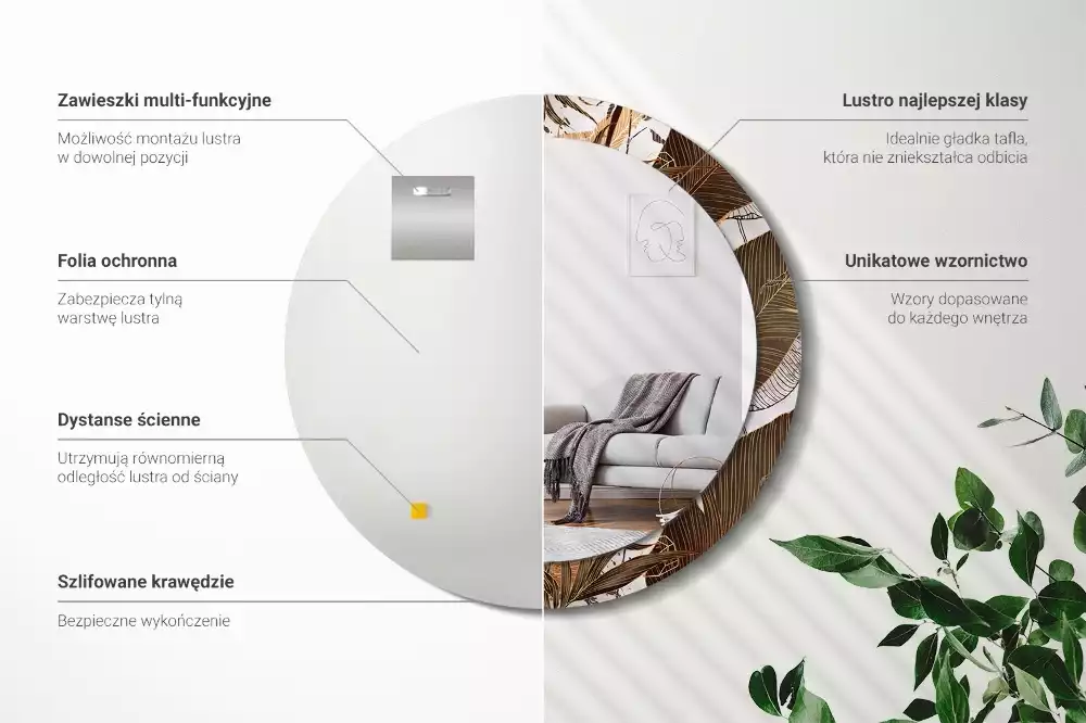 Lustro ścienne dekoracyjne w kształcie okrągłym z motywem liści palmowych