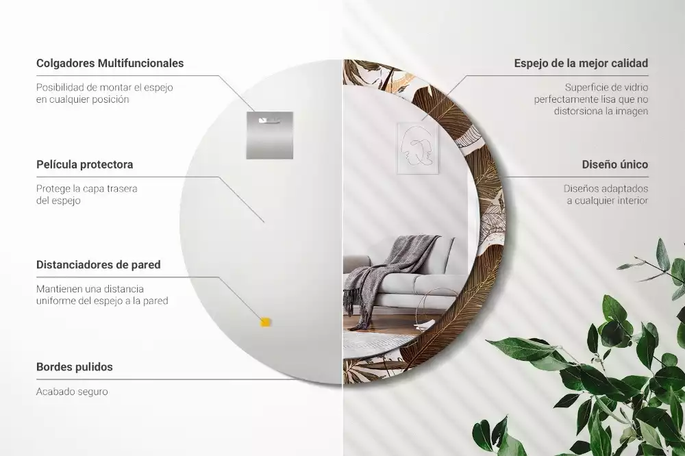 Lustro ścienne dekoracyjne w kształcie okrągłym z motywem liści palmowych