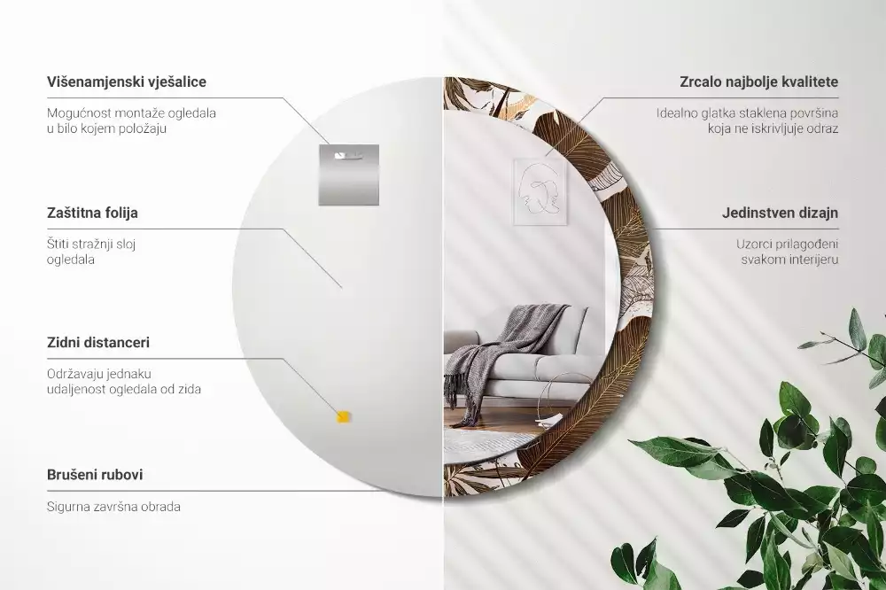 Lustro ścienne dekoracyjne w kształcie okrągłym z motywem liści palmowych