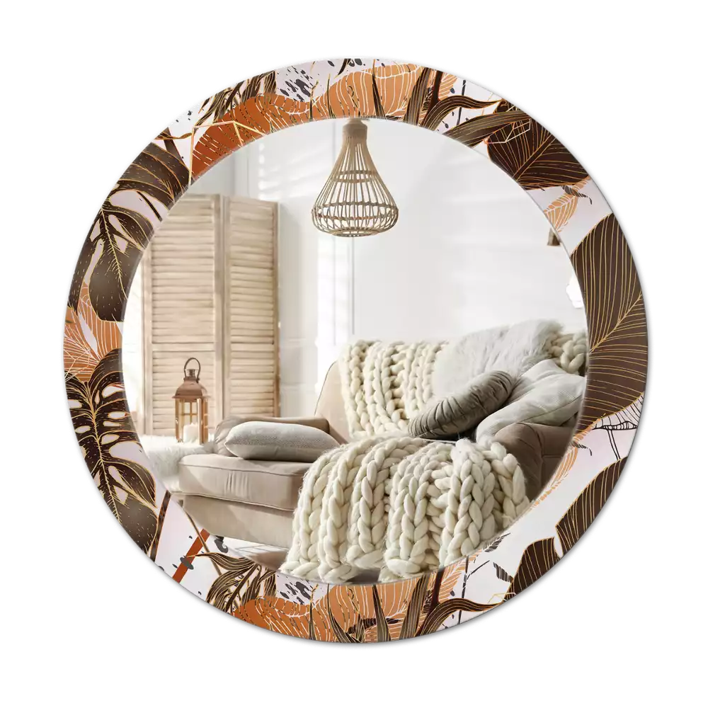 Lustro ścienne dekoracyjne w kształcie okrągłym z motywem liści palmowych