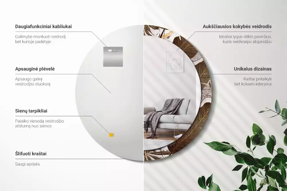 Lustro ścienne dekoracyjne w kształcie okrągłym z motywem liści palmowych