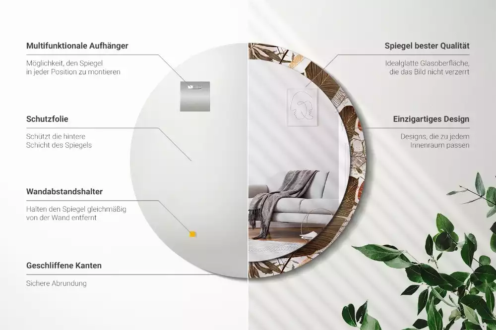 Lustro ścienne dekoracyjne w kształcie okrągłym z motywem liści palmowych