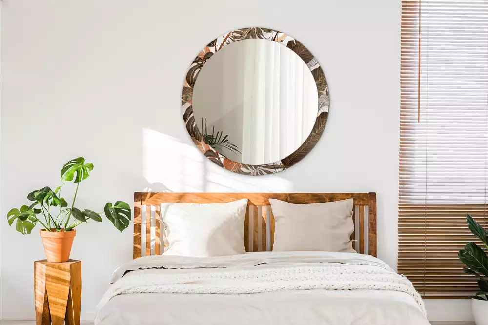 Lustro ścienne dekoracyjne w kształcie okrągłym z motywem liści palmowych