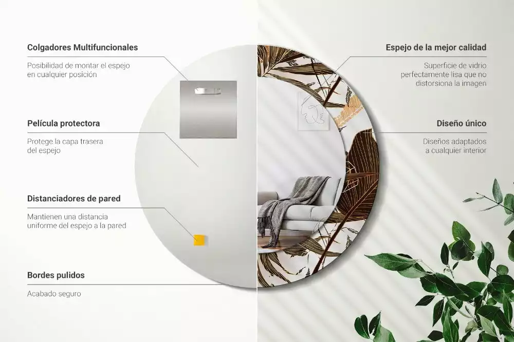 Lustro ścienne dekoracyjne w kształcie okrągłym z motywem liści palmowych