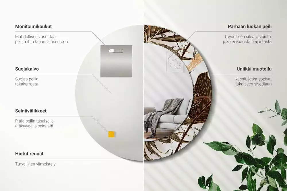 Lustro ścienne dekoracyjne w kształcie okrągłym z motywem liści palmowych