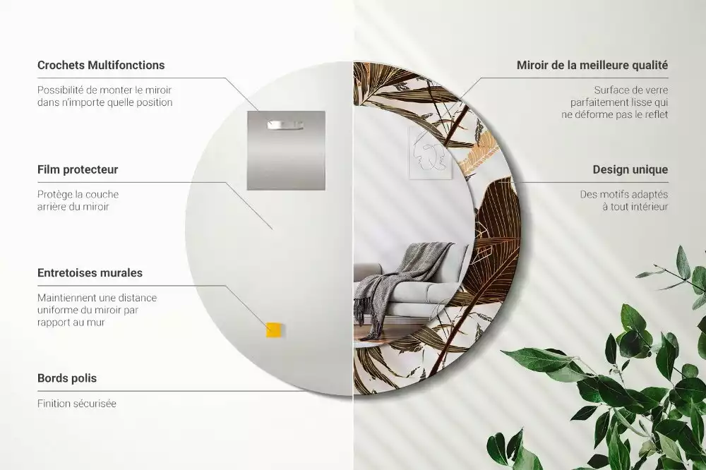 Lustro ścienne dekoracyjne w kształcie okrągłym z motywem liści palmowych