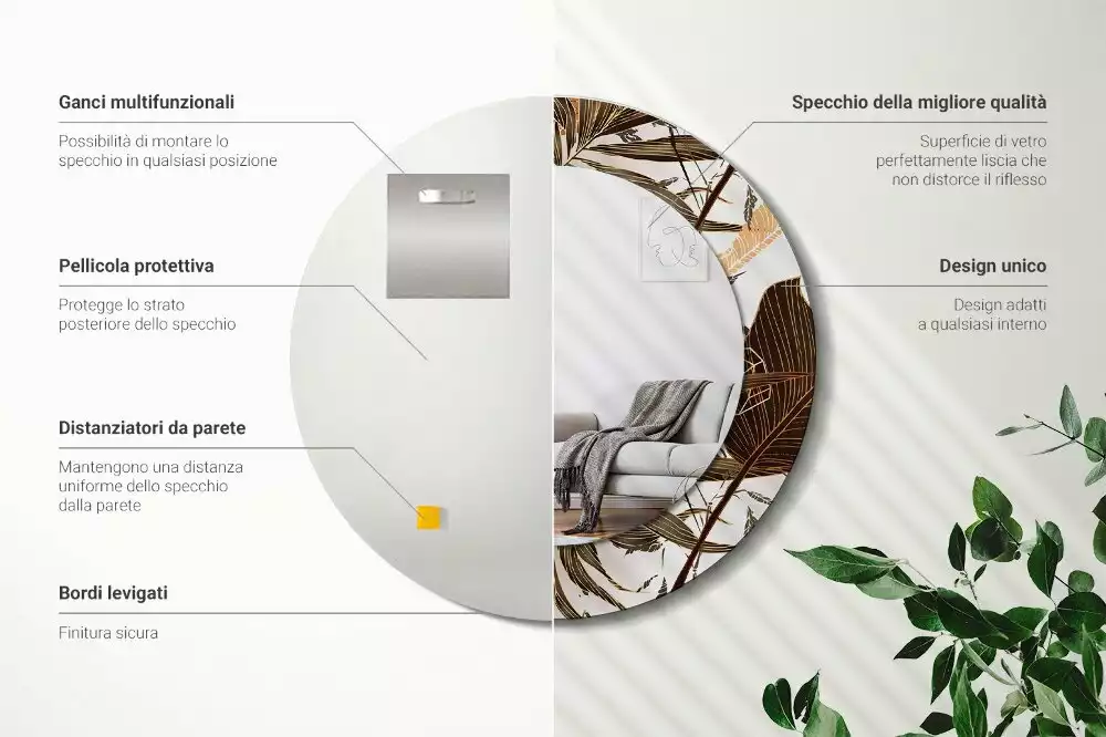 Lustro ścienne dekoracyjne w kształcie okrągłym z motywem liści palmowych