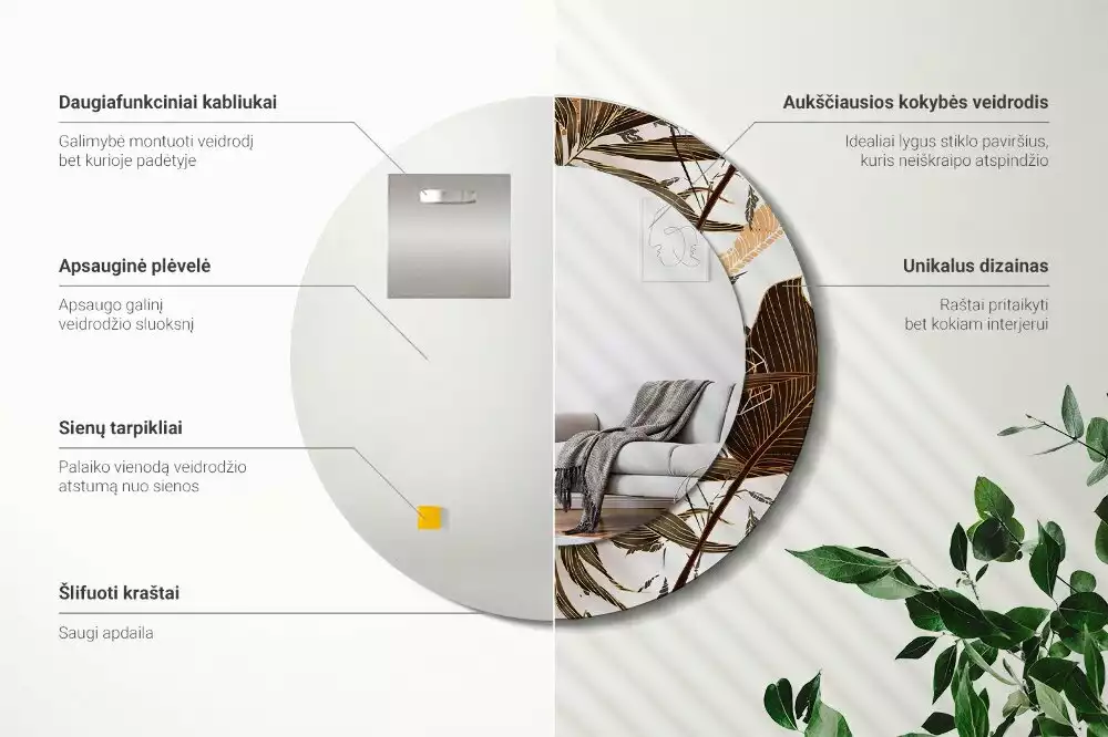 Lustro ścienne dekoracyjne w kształcie okrągłym z motywem liści palmowych