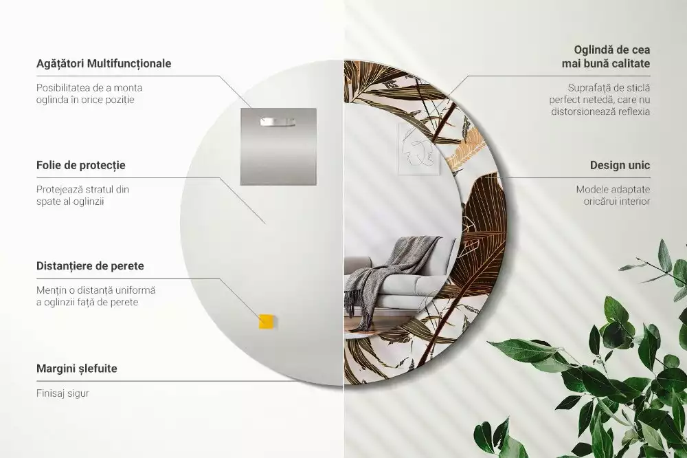 Lustro ścienne dekoracyjne w kształcie okrągłym z motywem liści palmowych