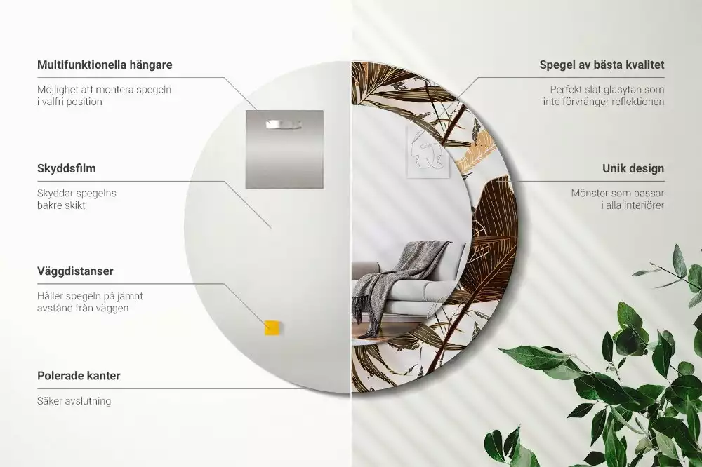 Lustro ścienne dekoracyjne w kształcie okrągłym z motywem liści palmowych