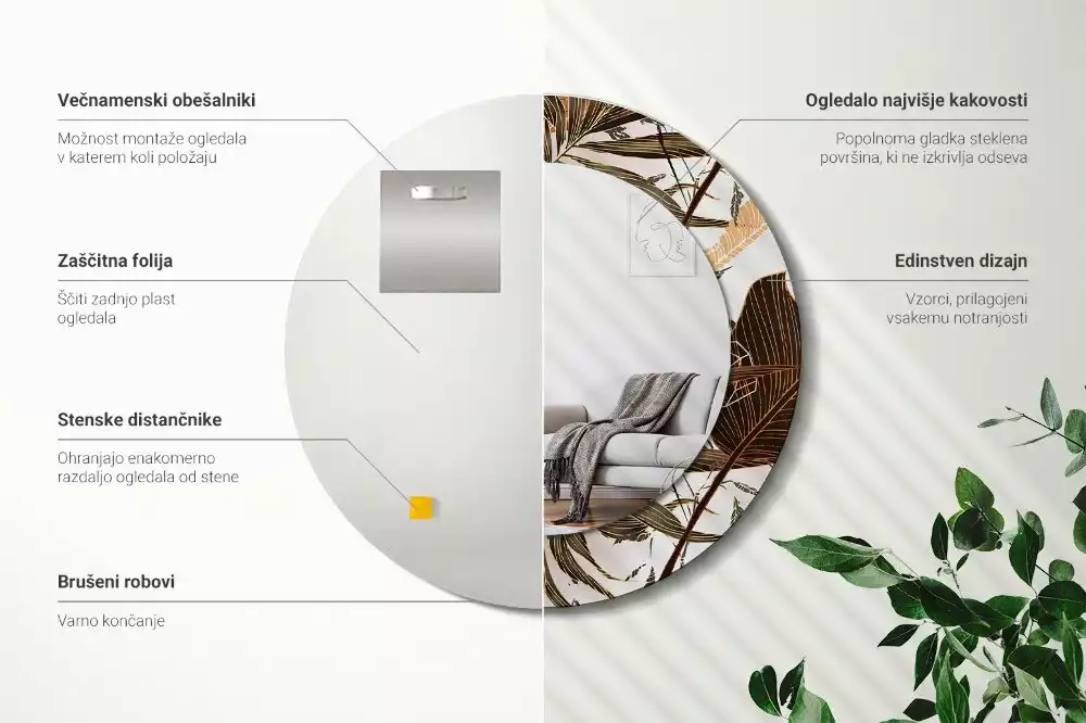 Lustro ścienne dekoracyjne w kształcie okrągłym z motywem liści palmowych