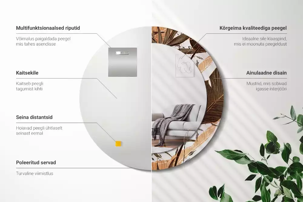 Lustro ścienne dekoracyjne w kształcie okrągłym z motywem liści palmowych