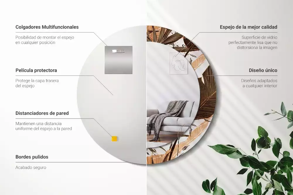 Lustro ścienne dekoracyjne w kształcie okrągłym z motywem liści palmowych