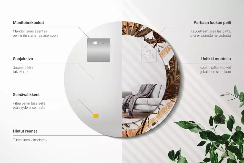 Lustro ścienne dekoracyjne w kształcie okrągłym z motywem liści palmowych