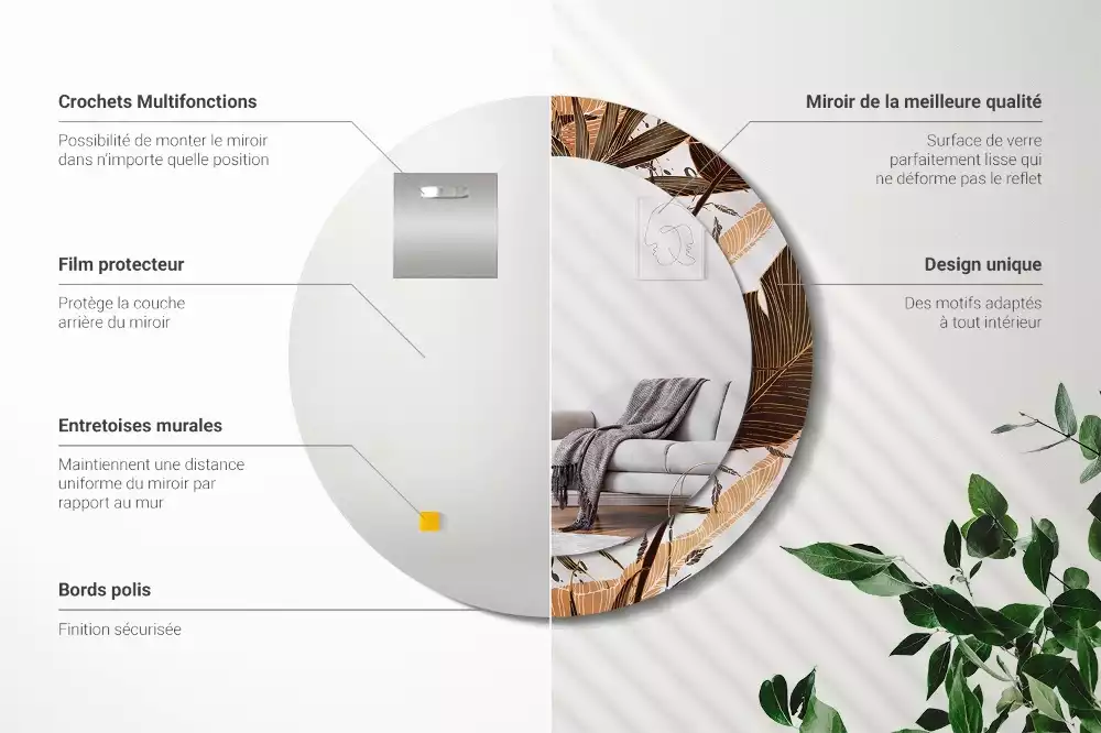 Lustro ścienne dekoracyjne w kształcie okrągłym z motywem liści palmowych