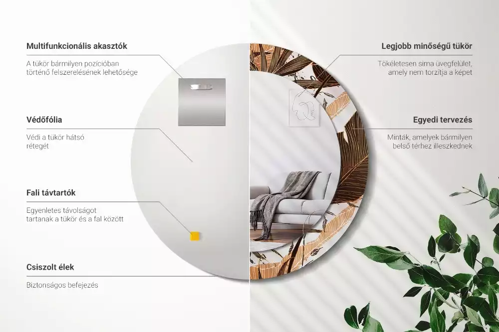 Lustro ścienne dekoracyjne w kształcie okrągłym z motywem liści palmowych