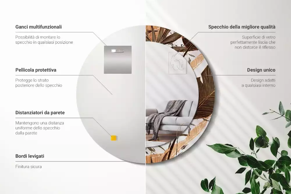 Lustro ścienne dekoracyjne w kształcie okrągłym z motywem liści palmowych