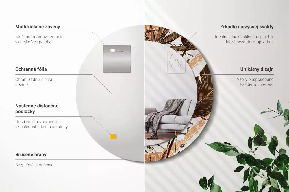 Lustro ścienne dekoracyjne w kształcie okrągłym z motywem liści palmowych