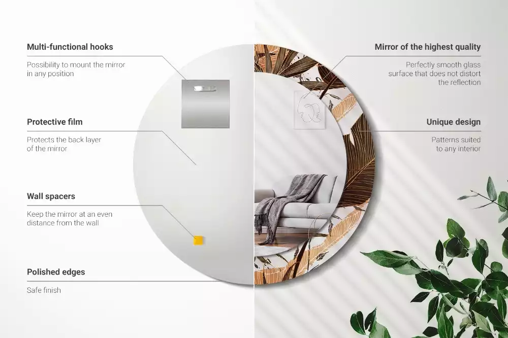 Lustro ścienne dekoracyjne w kształcie okrągłym z motywem liści palmowych