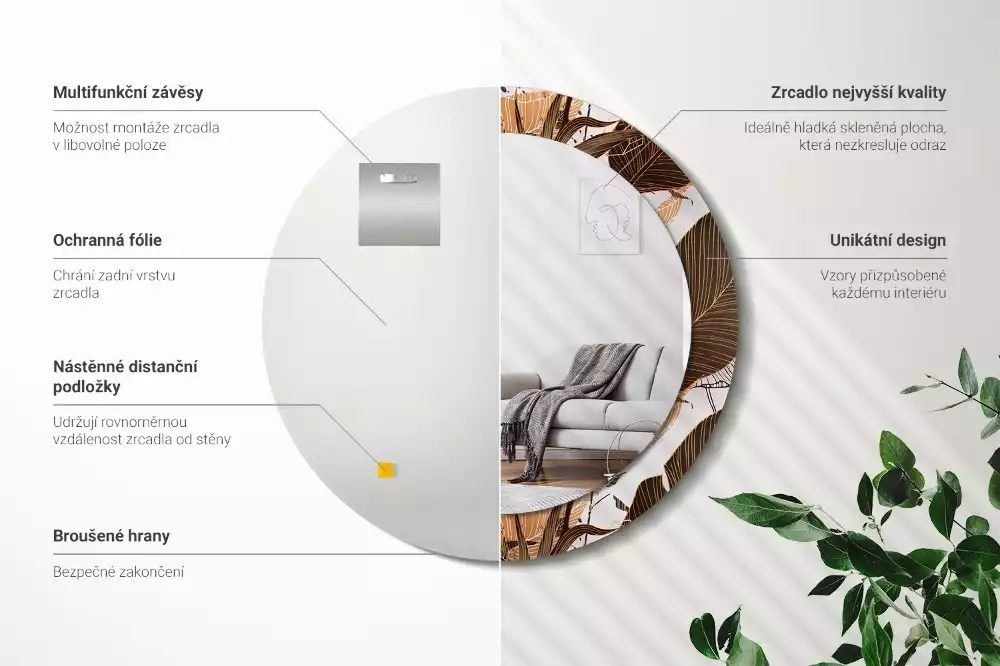 Lustro ścienne dekoracyjne w kształcie okrągłym z motywem liści palmowych