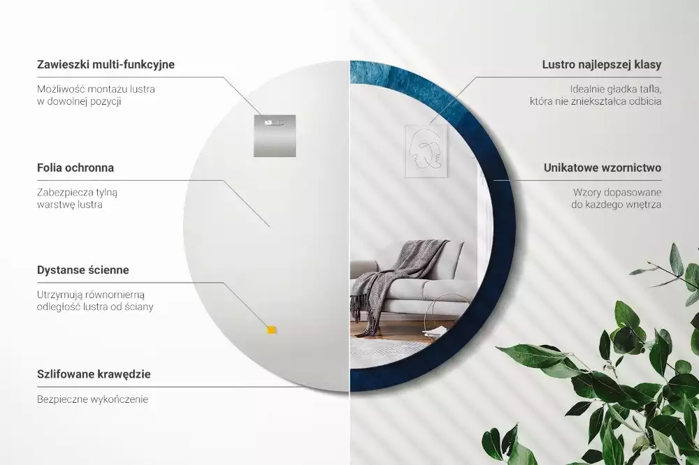 Lustro z ramą i nadrukiem z motywem abstrakcyjnej sztuki w wersji okrągłej