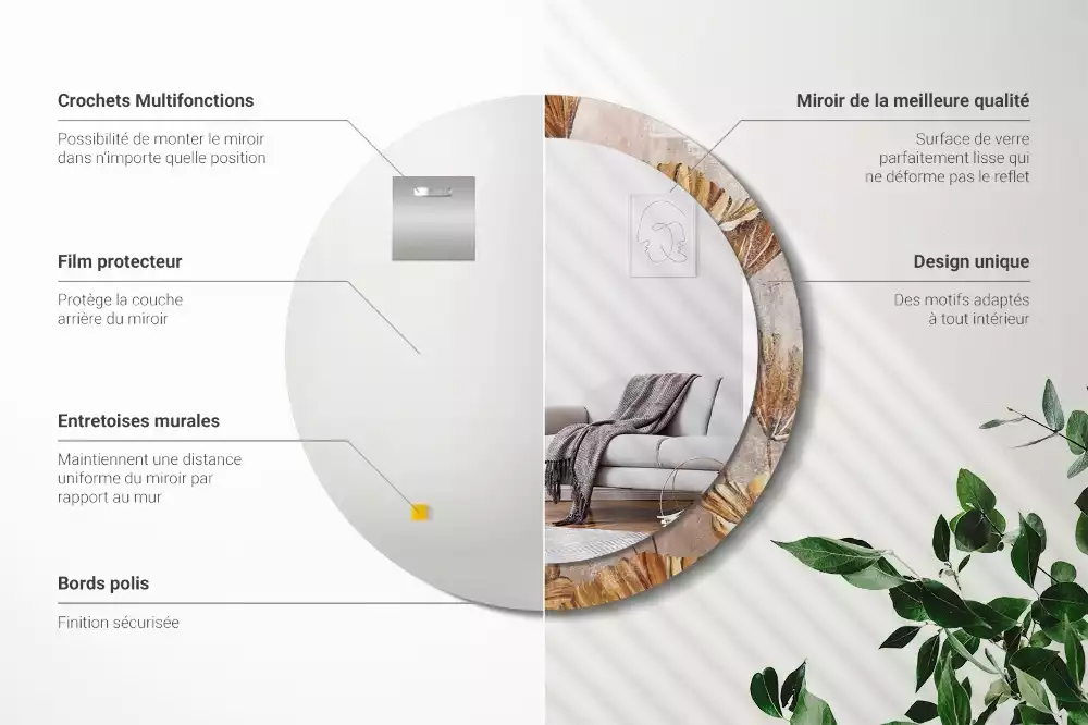 Lustro z drukowaną ramką w stylu boho z motywem liści