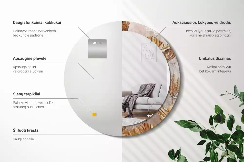 Lustro z drukowaną ramką w stylu boho z motywem liści