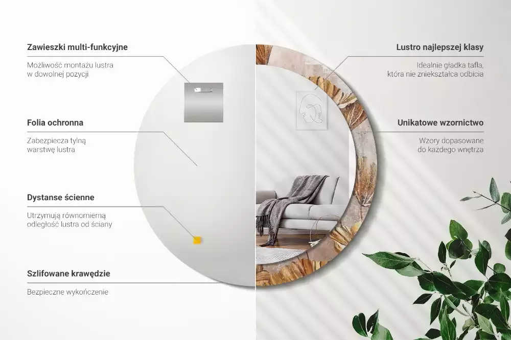 Lustro z drukowaną ramką w stylu boho z motywem liści