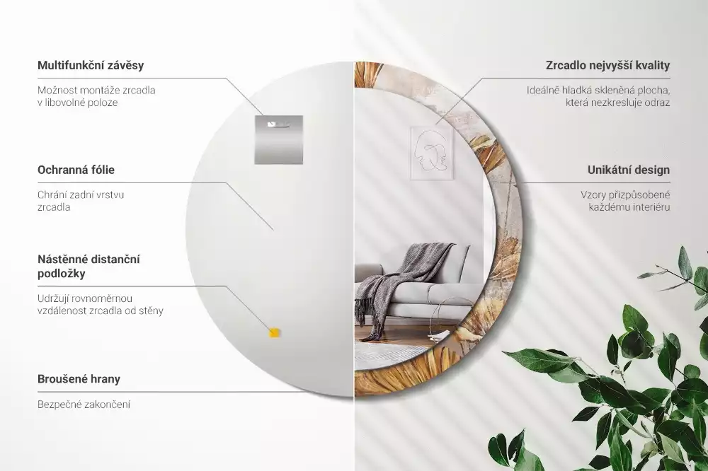 Lustro z drukowaną ramką w stylu boho z motywem liści