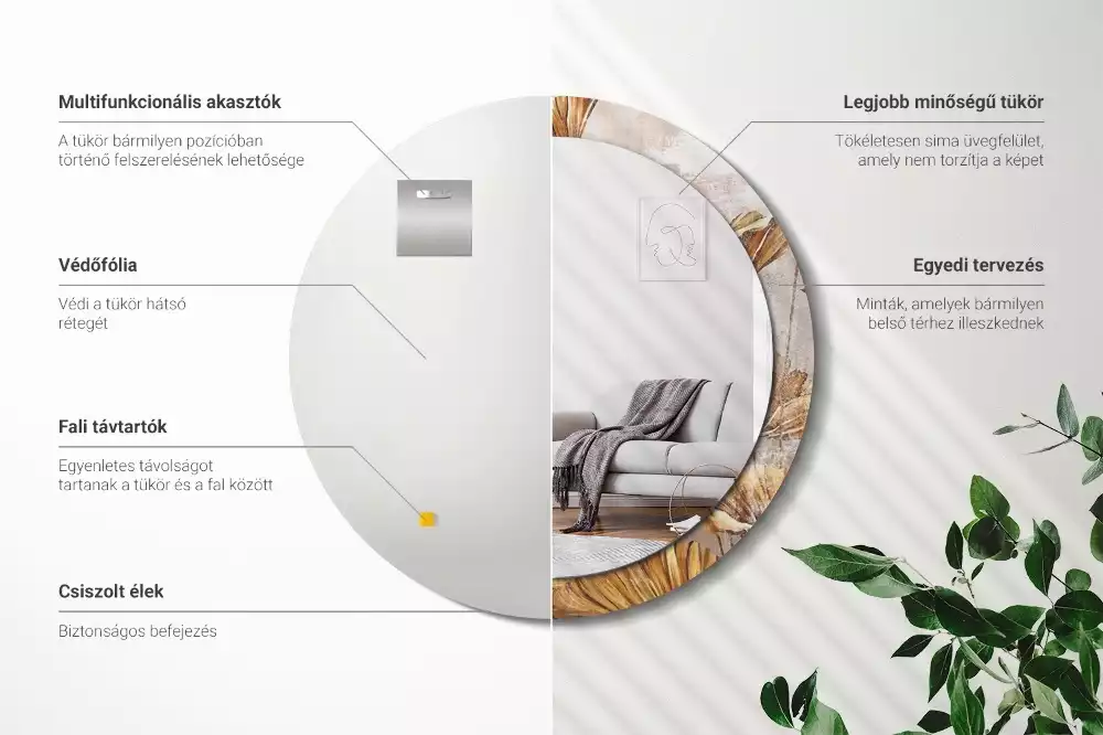 Lustro z drukowaną ramką w stylu boho z motywem liści