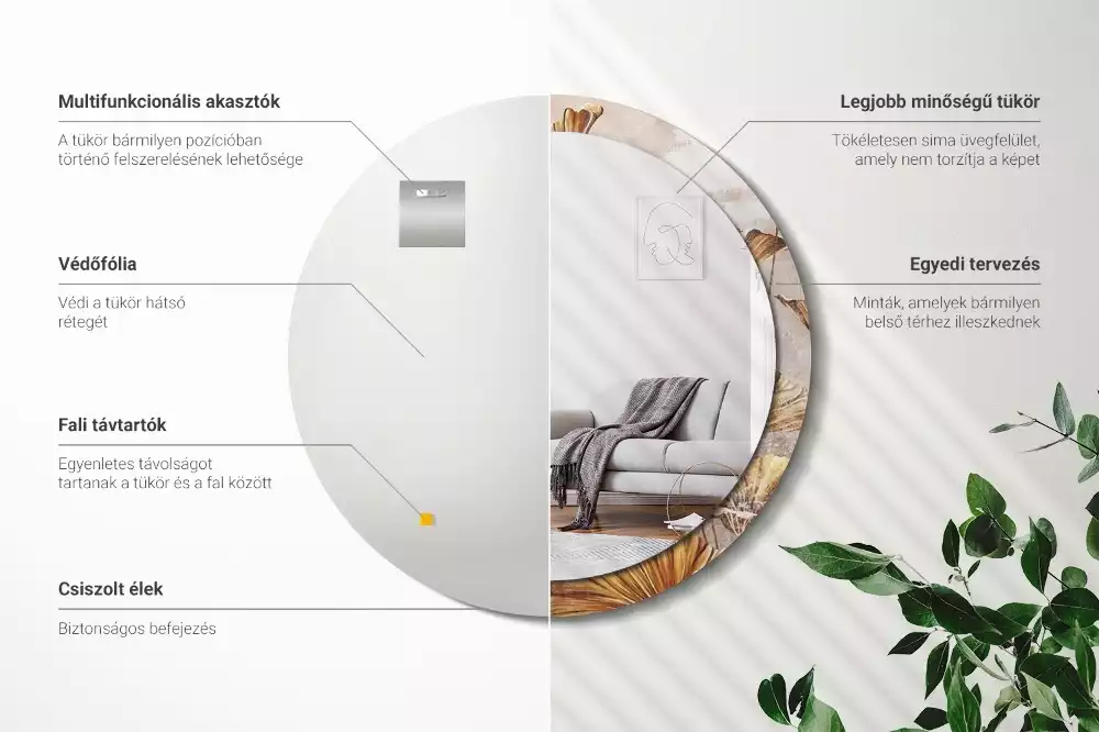 Lustro z drukowaną ramką w stylu boho z motywem liści