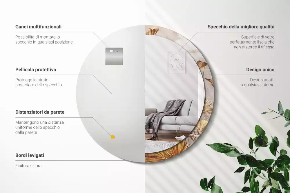 Lustro z drukowaną ramką w stylu boho z motywem liści