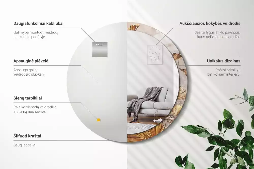 Lustro z drukowaną ramką w stylu boho z motywem liści