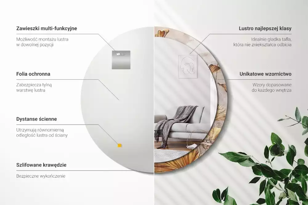 Lustro z drukowaną ramką w stylu boho z motywem liści